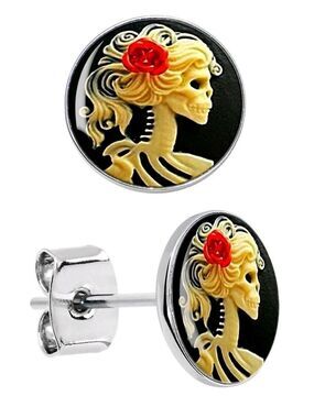 Red Rose Flower Skeleton Cameo Stud Earrings